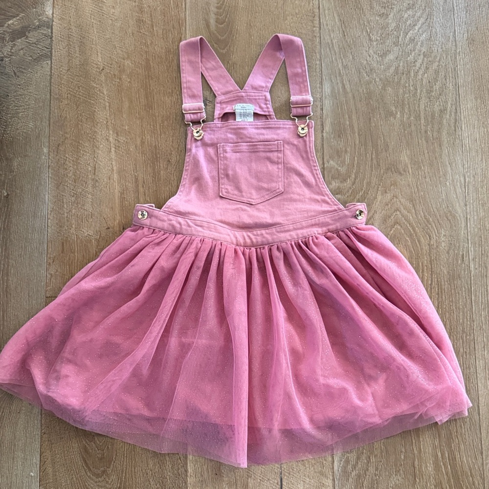Pink Sparkle Tulle & Denim Overall Dress like new